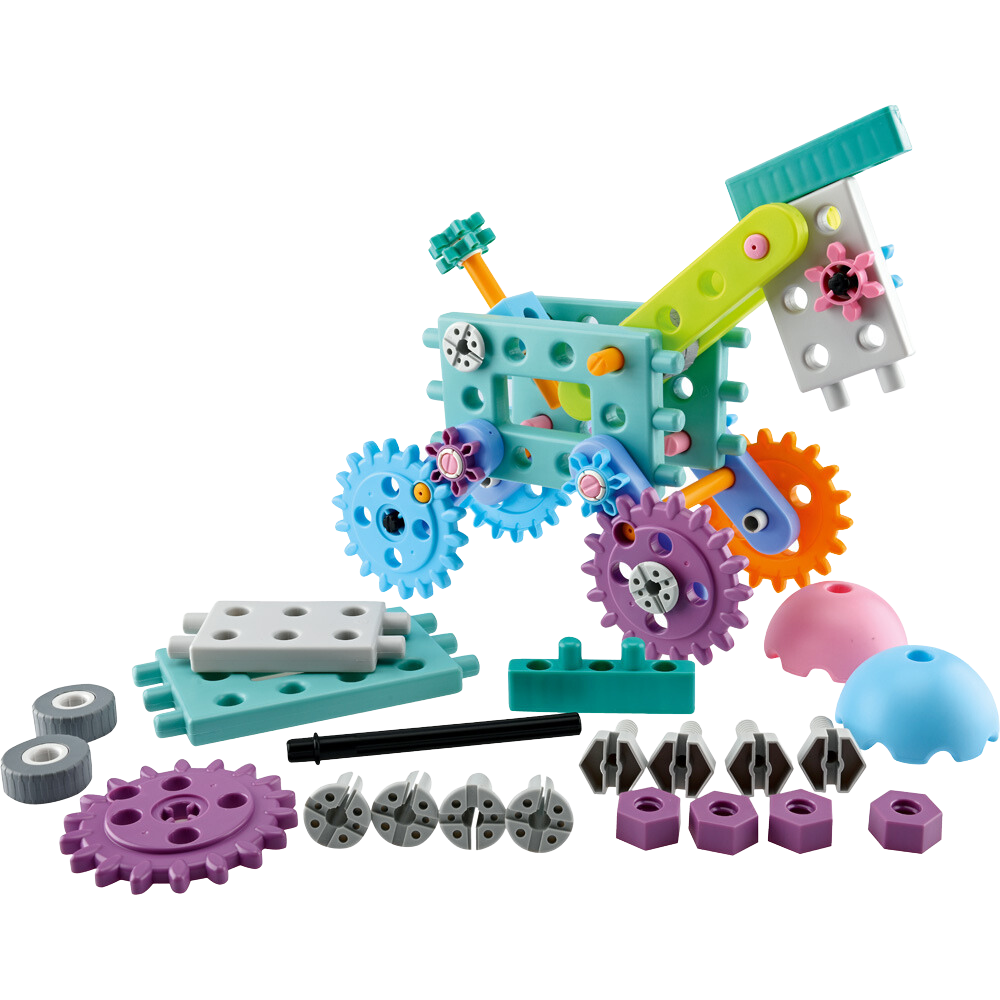 klocki gigko zestaw mały inżynier magiczne koła zębate konstrukcja kolorowa w kształcie zwierzęcia. Elementy zestawu rozłożone
