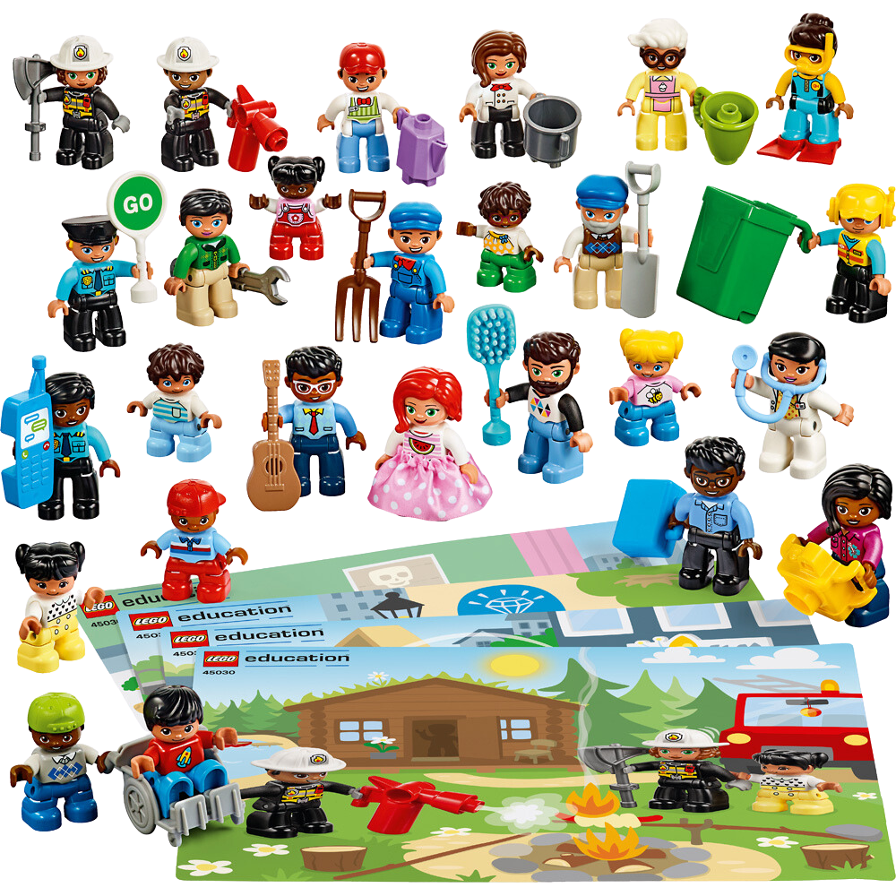 elementy zestawu LEGO DUPLO ludziki - wszystkie figurki, różne osoby i zawody oraz grupy wiekowe i plansze z zestawu z miejscami