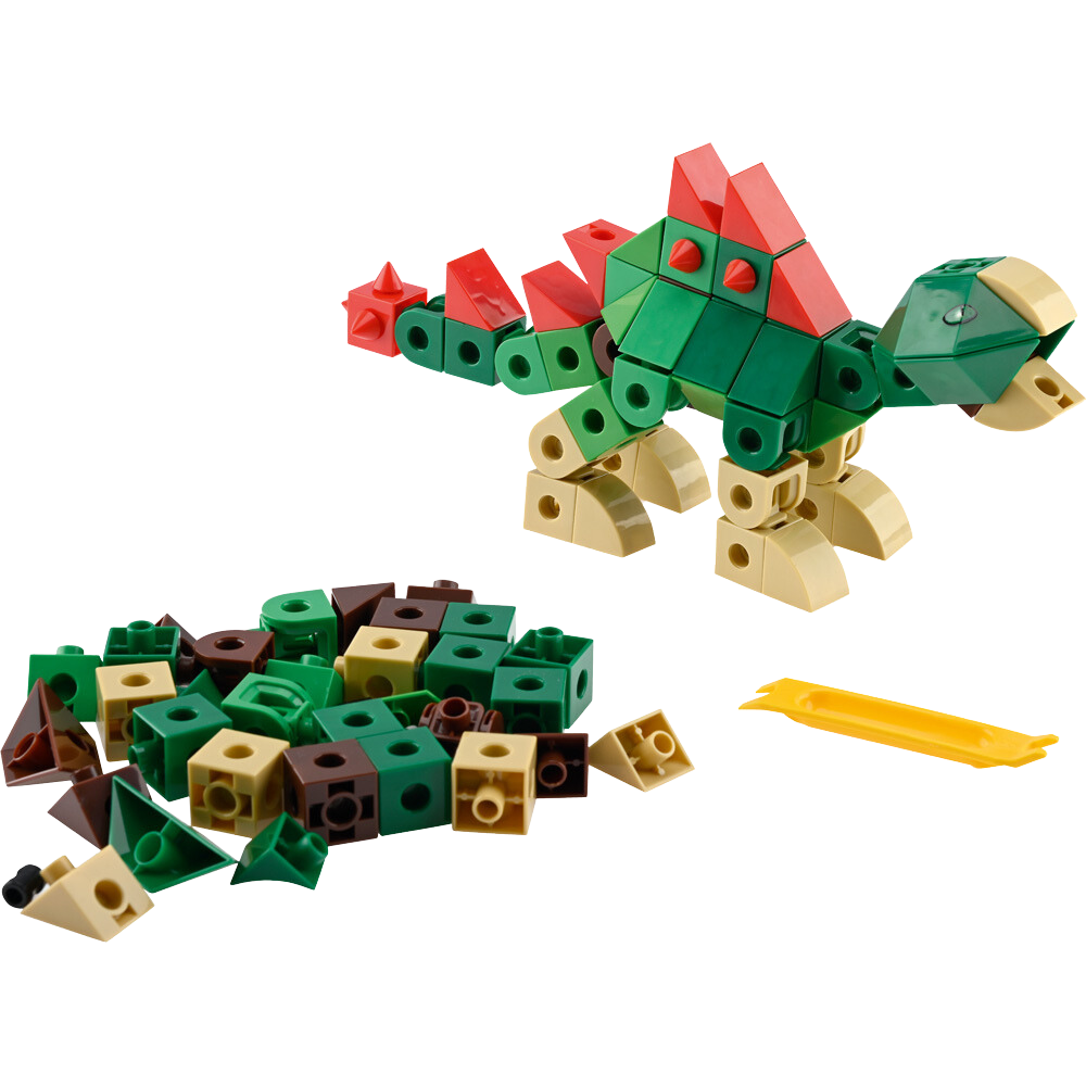 klocki gigo dinozaury - model dinozaura zielony i elementy zestawu rozłożone