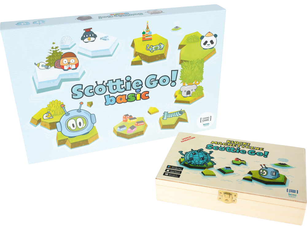 gra scottie go! basic pomoc dydaktyczna w pudełku niebieskim z obrazkami obok drewniane pudełko z klockami magnetycznymi do programowania