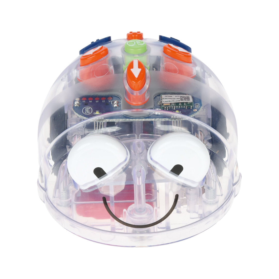 edukacyjny robot blue bot z uśmiechniętą buzią. Przeźroczysty z płytką kontrolującą i przewodami w środku.