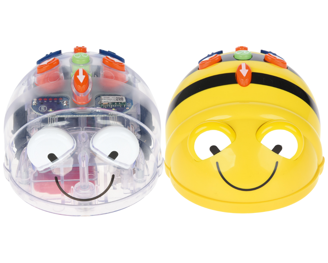 roboty edukacyjne blue bot bee bot - okrągłe roboty z kolorowymi przyciskami na górze i uśmiechniętymi buziami. Jeden przezroczysty, drugi w żółto-czarne paski.