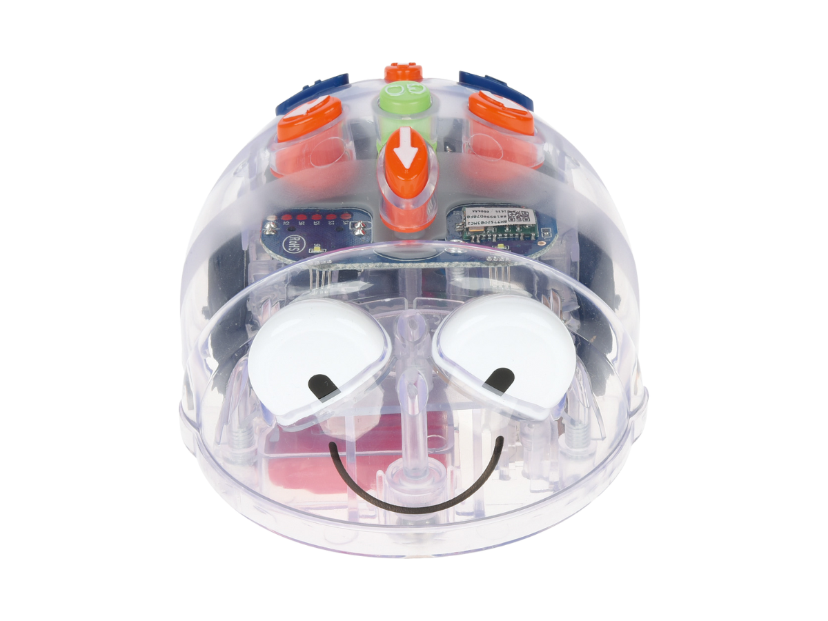 robot edukacyjny blue bot przeźroczysty, ma uśmiechniętą buzię