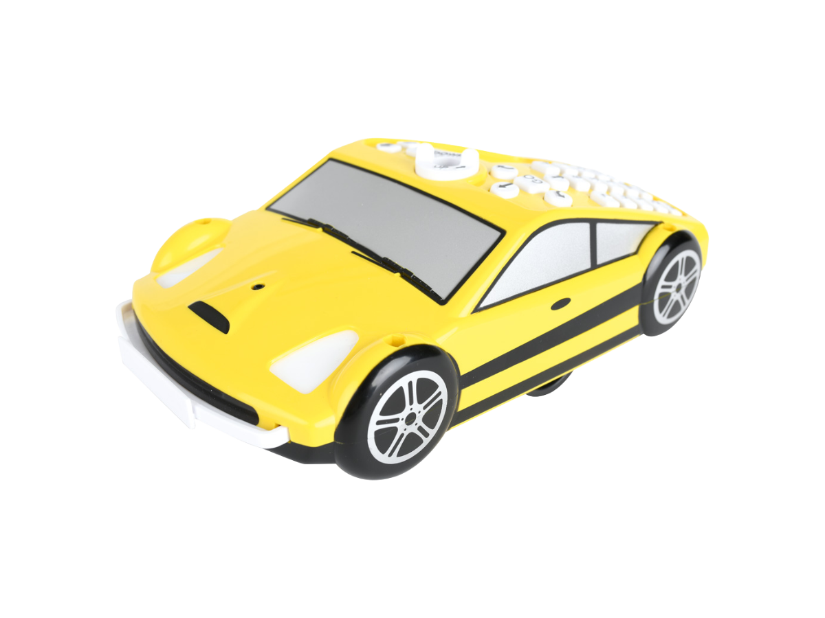 Pro Bot robot edukacyjny w kształcie żółtego samochodu z przyciskami na górze.