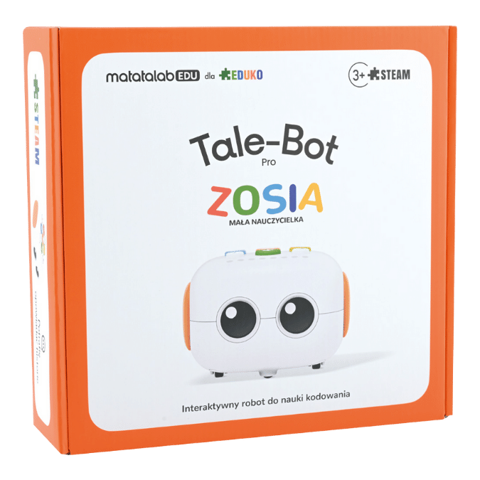pudełko z robotem interaktywnym Zosia, białe z pomarańczową ramką