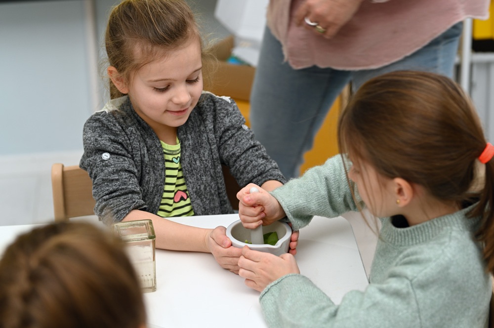 program cyfrowy uczeń dziewczynki rozdrabniają proszek w moździerzu