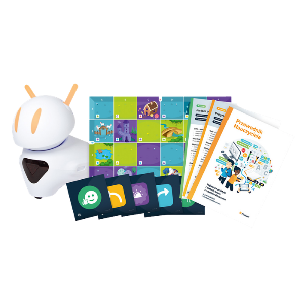 Robot Photon EDU z przewodnikiem dla nauczyciela, matą edukacyjną i zestawem fiszek do Photona Moje Bambino