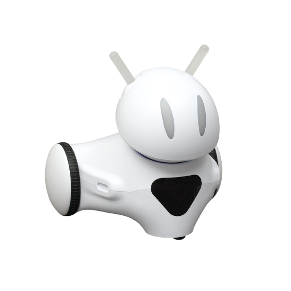 Robot edukacyjny Photon na kółkach, pokazany na białym tle