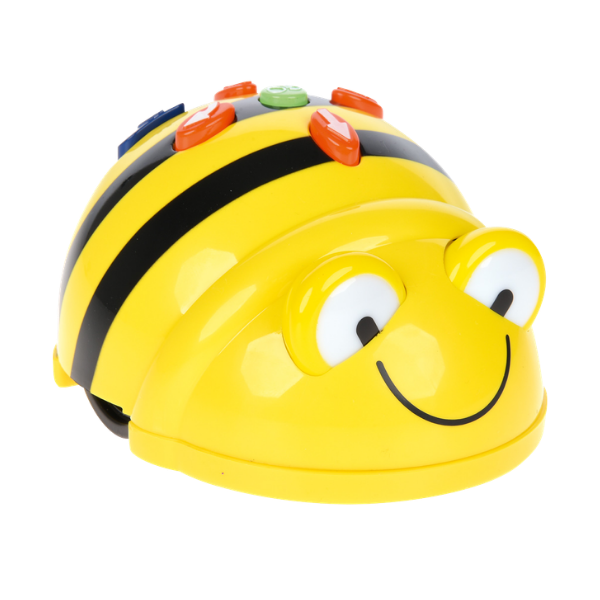 Robot edukacyjny Bee-Bot w kształcie żółtej pszczoły z przyciskami sterującymi na górze obudowy.