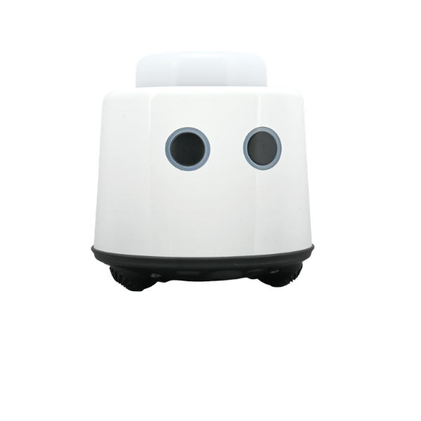 Robot mówiący w białej obudowie, z dwoma okrągłymi czujnikami z przodu i czarną podstawą.