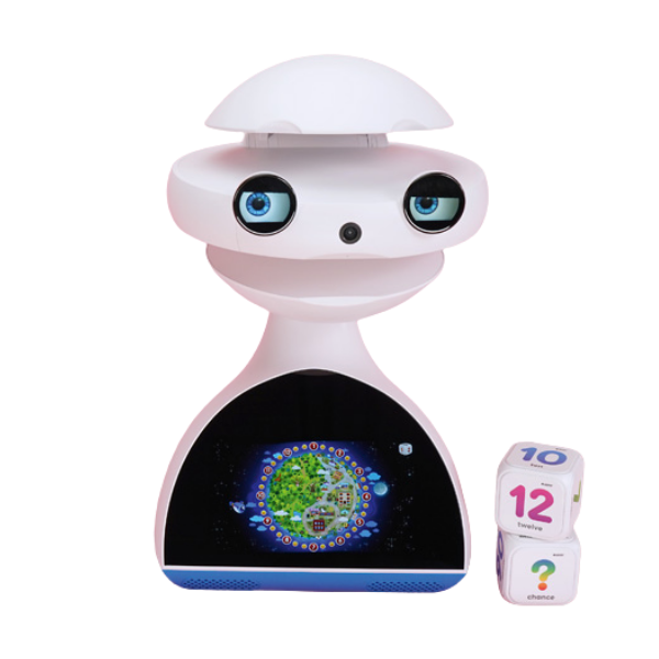 Robot edukacyjny EMYS™ z ekranem interaktywnym, niebieskimi oczami i kostkami edukacyjnymi do nauki języka.