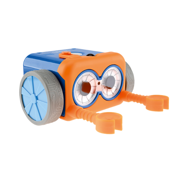 Robot edukacyjny Botley w kolorze niebiesko-pomarańczowym, z dużymi kołami i ramionami do zadań programowania.